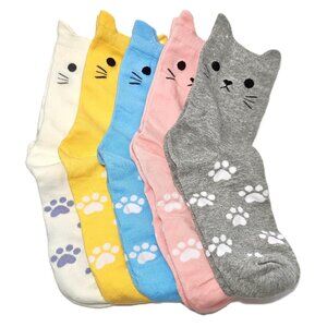 Jeasona 5 Pairs Cat Themed Face, Paws with Ears Sz 6-10 Crew Socks with Gift Tin